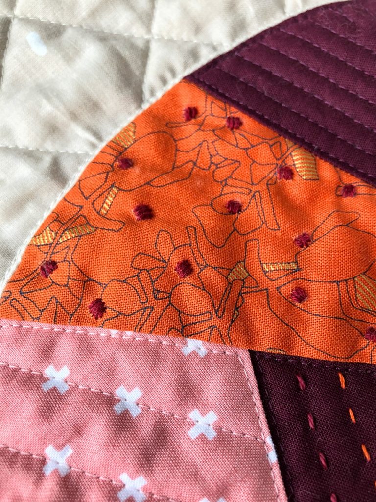 Fungi Friends quilting tutorial - hand quilted polka dots